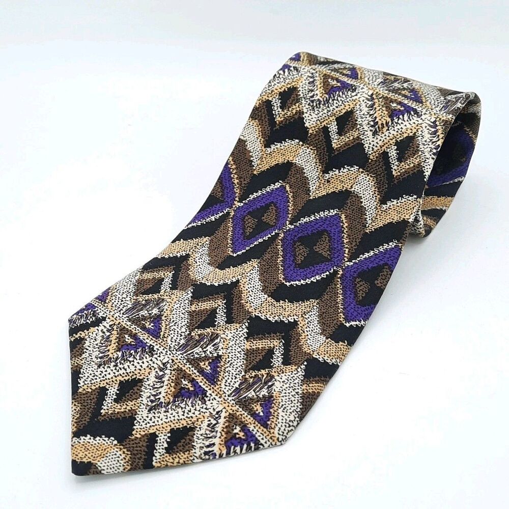 VTG COOGI Australia 100% Silk Necktie Multicolor Brown Cream Purple Black  XLNT